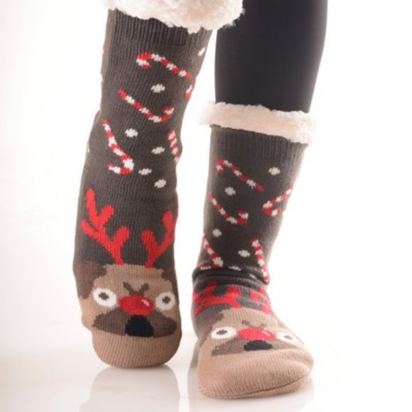 Candy Cane Reindeer Pug Sherpa Lined Slipper Socks - Picture 2 of 3